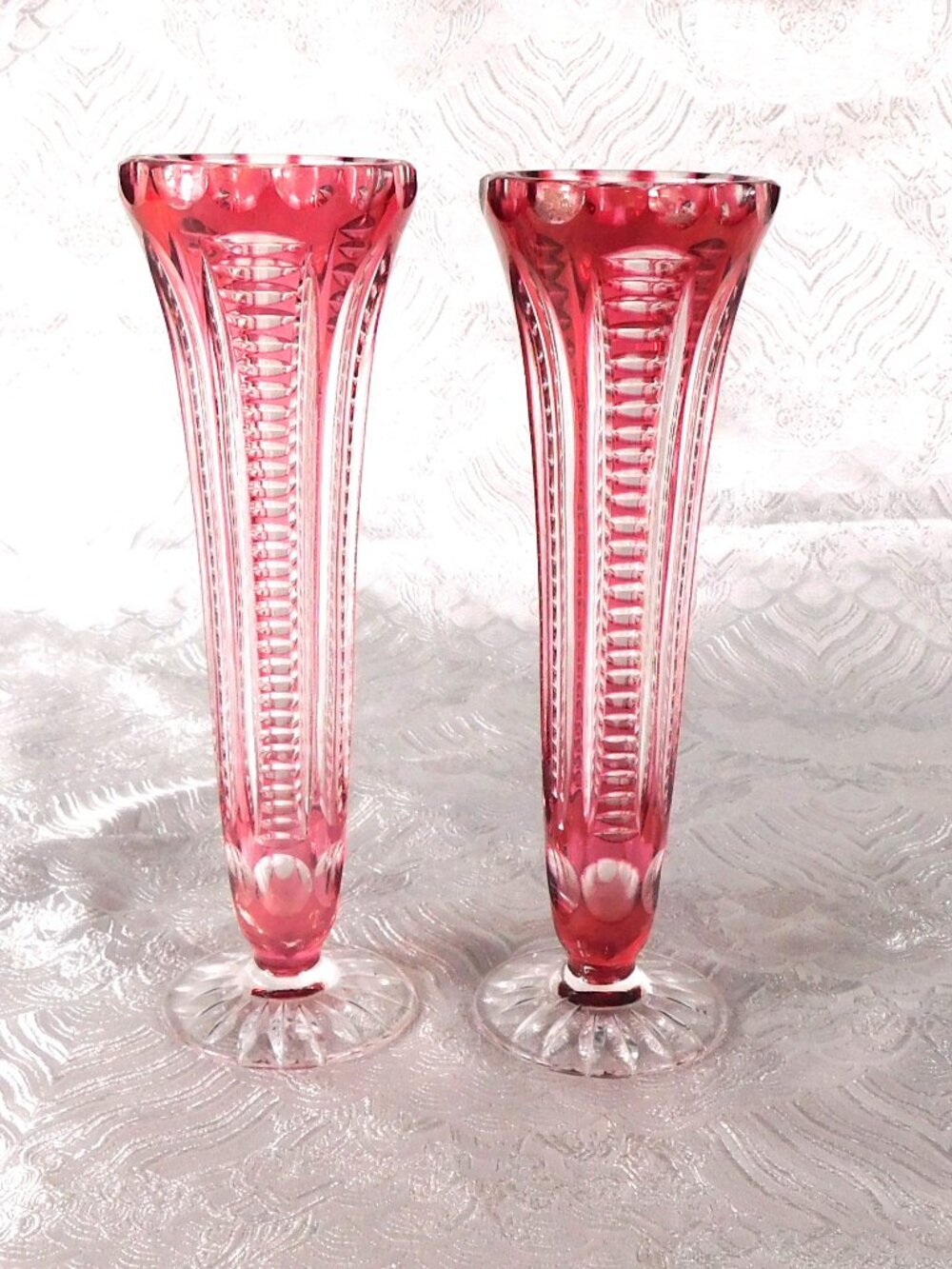 Set of Two Pink Slender Cut to Clear Vases # 27333